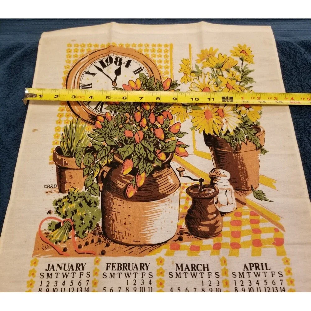 Vintage linen tea towel calendar flowers in vase and clock 1984 new old stock